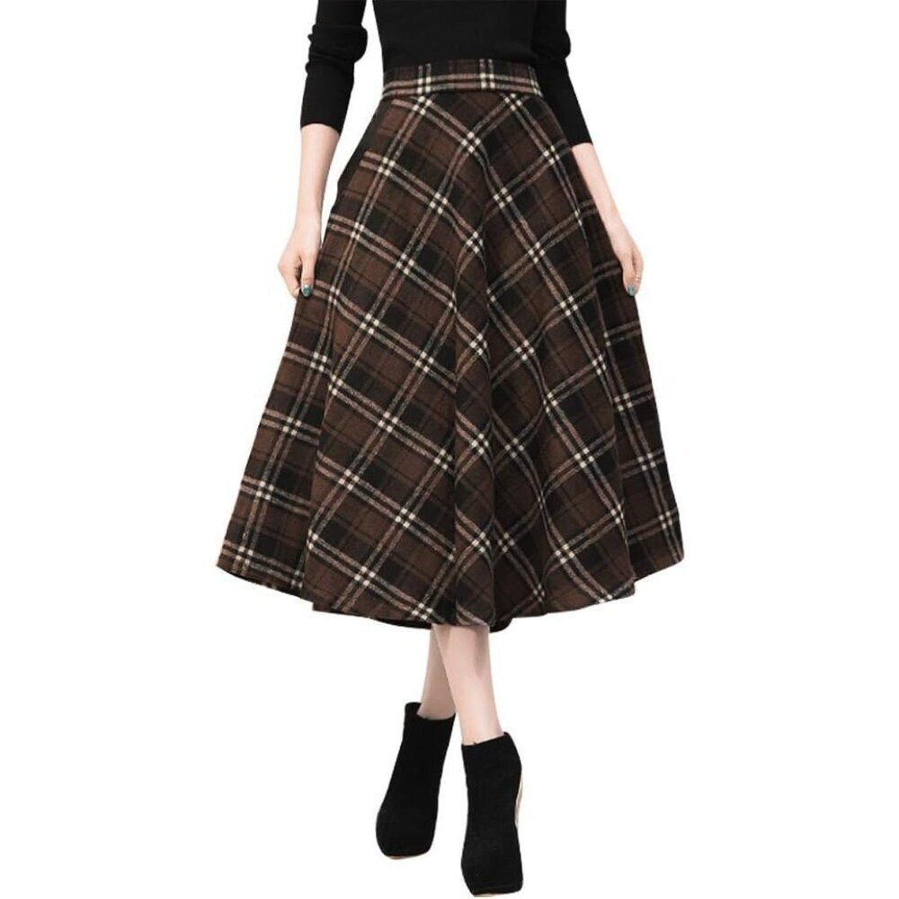Womens Mid-calf Coffee Elastic Waist A-Line Pleated Tartan Long Plaid Wool Skirt